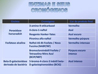 Enzima Cromógeno Cor do produto final
Peroxidase
horseradish
3-amino-9-etilcarbazol Vermelho
4-cloro-1-naftol Azul
Reagente Hanker-Yates Azul escuro
Pironina alfa-naftol Vermelho púrpura
Fosfatase alcalina Naftol-AS-BI-Fosfato / Nova
Fucsina (NABP/NF)
Vermelho intensao
Bromocloroindolil Fosfato /
Tetrazolina Nitro Azul
(BCIP/NBT)
Púrpura escuro
intenso
Beta-D-galactosidase
derivada de bactéria
5-bromo-4-cloro-3 indolil beta-
D-galactopiranosídeo (BCIG)
Azul intenso
 