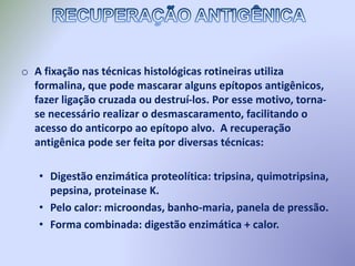 o A fixação nas técnicas histológicas rotineiras utiliza
formalina, que pode mascarar alguns epítopos antigênicos,
fazer ligação cruzada ou destruí-los. Por esse motivo, torna-
se necessário realizar o desmascaramento, facilitando o
acesso do anticorpo ao epítopo alvo. A recuperação
antigênica pode ser feita por diversas técnicas:
• Digestão enzimática proteolítica: tripsina, quimotripsina,
pepsina, proteinase K.
• Pelo calor: microondas, banho-maria, panela de pressão.
• Forma combinada: digestão enzimática + calor.
 