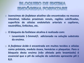 o Isoenzimas de fosfatase alcalina são encontradas na mucosa
intestinal, túbulos proximais renais, regiões calcificadas,
superfície de células endoteliais arteriais e capilares,
neutrófilos, linfócitos, etc.
o O bloqueio da fosfatase alcalina é realizado com:
• Levamizole 1-5mmol/L adicionado na solução substrato
da enzima.
o A fosfatase ácida é encontrada em muitos tecidos e células
como próstata, medula óssea, hemácias e plaquetas. Para o
bloqueio desta enzima (não afetada pelo levamizole) é
essencial que o pH da solução do substrato apresente pH ≥
8,0.
 
