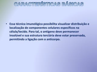 • Essa técnica imunológica possibilita visualizar distribuição e
localização de componentes celulares específicos na
célula/tecido. Para tal, o antígeno deve permanecer
insolúvel e sua estrutura terciária deve estar preservada,
permitindo a ligação com o anticorpo.
 