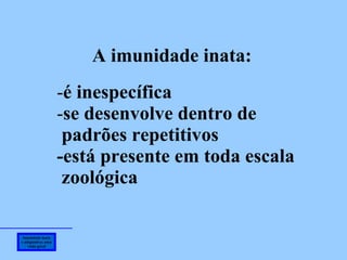 Imunidade inata e adaptativa: uma visão geral A imunidade inata: é inespecífica se desenvolve dentro de padrões repetitivos -está presente em toda escala zoológica 