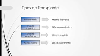 Tipos de Transplante
Auto-enxerto
Enxerto
isogênico
Enxerto
alogênico
Xenoenxerto
Mesmo individuo
Gêmeos univitelinos
Mesma espécie
Espécies diferentes
 