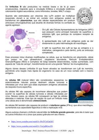 Imunologia – Prof. Américo Focesi Pelicioni - 1/4/2020 – pág 14
Os linfócitos B são produzidos na medula óssea e de lá já saem
amadurecidos, migrando para a circulação linfática e circulação sistêmica,
colonizando órgãos secundários, como linfonodos, tonsilas, MALT e baço.
Quando são estimulados por citocinas dos LyTh podem se multiplicar
(expansão clonal) e ao entrar em contato com antígenos podem se
transformar em plasmócitos, que são células especializadas em produzir
anticorpos (imunoglobulinas) que atuarão de diversas formas no combate ao
agente agressor.
Os LyB, são Células Apresentadoras de Antígenos (APC)
que possuem como principal marcador de superfície o
anticorpo IgM, que participa do complexo receptor de
antígenos.
A apresentação dos LyB aos antígenos pode se dar
diretamente ou pela intermediação de macrófagos.
A IgM na superfície dos LyB se liga ao antígeno e o
internaliza, carregando-o para dentro, junto ao anticorpo
complexado.
Esse processo induz diversas modificações na célula, que se transforma em plasmócito, célula
que possui na sua ultraestrutura, citoplasma abundante, Retículo Endoplasmático
Granular/Rugoso (REG) e Complexo de Golgi bastante desenvolvidos, núcleo aumentado, com
aspecto de “roda de carroça”, transformando-se em uma grande “fábrica” de imunoglobulinas.
Alguns clones desses Linfócitos B que foram ativados se transformam em LyB de memória,
permitindo uma reação mais rápida do organismo no caso de um novo contato com o mesmo
antígeno.
As células NK (natural killer) são consideradas assassinas ou
exterminadoras naturais porque destroem células tumorais e
infectadas por vírus sem que estas expressem antígenos ativadores
da resposta imune específica.
As células NK são capazes de reconhecer alterações que podem
ocorrer na superfície de células tumorais e células infectadas por
vírus. Nesses casos, as células NK conseguem se ligar às células
alteradas e matá-las. Este tipo de reação na qual um linfócito mata
uma célula alvo é denominado citotoxicidade.
As células NK também são capazes de produzir o interferon gama (IFN-γ), que ativa macrófagos,
aumentando sua capacidade fagocítica e inibe a replicação viral.
Alguns autores chamam o linfócito natural killer de linfócito grande granular, pois ele é maior que
os outros linfócitos e é o único que possui grânulos em seu interior.
• https://www.youtube.com/watch?v=BvZV3uVpGkY
• https://www.youtube.com/watch?v=Va1jaBGwoT8
 