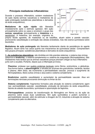Imunologia – Prof. Américo Focesi Pelicioni - 1/4/2020 – pág 39
Principais mediadores inflamatórios:
Durante o processo inflamatório, existem mediadores
de ação rápida (aminas vasoativas) e mediadores de
ação prolongada (substâncias plasmáticas e derivados
do ácido araquidônico).
Mediadores de ação rápida são liberados
imediatamente após o estímulo agressor, têm ação
principalmente sobre os vasos e envolvem o grupo das
aminas vasoativas (principalmente a histamina e a
serotonina). A histamina, por exemplo, originária do
próprio tecido agredido, de mastócitos ou de basófilos, atuam sobre a parede vascular,
promovendo vasodilatação e contração das células endoteliais, mas não exerce quimiotaxia sobre
leucócitos.
Mediadores de ação prolongada são liberados tardiamente diante da persistência do agente
flogístico. Atuam tanto nos vasos quanto nos mecanismos de quimiotaxia celular. Compreendem
dois grupos principais: substâncias plasmáticas e derivados do ácido araquidônico.
1 - As substâncias plasmáticas: são divididas em três grandes sistemas: o sistema das cininas
(plasmina e bradicina), o sistema complemento e o sistema de coagulação (fibrinopéptideos). São
mediadores mais tardios que as aminas vasoativas porque precisam chegar ao foco inflamatório
junto com o exudato. Portanto, depois que a inflamação já iniciou.
Plasmina: protease que quebra proteínas teciduais como fibrina, protrombina, e globulinas.
Sua forma inativa, o plasminogênio, é ativada por enzimas dos granulócitos, bactérias, tecidos
e plasma. Além disso, ela incrementa a permeabilidade vascular, provoca o surgimento de
fibrinopéptideos, libera outras cininas e atua sobre o sistema complemento.
Bradicinina: peptídio vasodilatador e aumentador da permeabilidade vascular. Atua em
terminações nervosas provocando diminuição no limiar da dor.
Sistema complemento: fragmentos formados pela ativação do sistema complemento agem
nas: permeabilidade vascular, vasodilatação, produção de derivados do ácido araquidônico,
fatores de adesão leucocitária, quimiotaxia e opsonização de fagócitos.
Fibrinopeptideos: produtos da transformação do fibrinogênio em fibrina ou da ação da
plasmina sobre essas duas substâncias, têm ação quimiotática e podem aumentar a
permeabilidade vascular, além de estimular a clivagem de C3, induzindo a ativação do sistema
complemento pela via alternativa.
 
