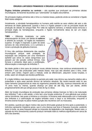 Imunologia – Prof. Américo Focesi Pelicioni - 1/4/2020 – pág 4
ÓRGÃOS LINFOIDES PRIMÁRIOS X ÓRGÃOS LINFOIDES SECUNDÁRIOS
Órgãos linfoides primários ou centrais – são aqueles que produzem as primeiras células
imunológicas, fornecendo leucócitos que “colonizarão” os órgãos secundários.
Os principais órgãos primários são o timo e a medula óssea, podendo ainda se considerar o fígado
fetal nessa categoria.
Inicialmente, a atividade hematopoiética no humano está restrita ao saco vitelino até seis a oito
semanas de idade gestacional, quando o timo e o fígado passam a ser os principais locais de
produção de células do sangue fetal. Por volta da vigésima semana, a medula óssea torna-se o
principal órgão da hematopoiese, enquanto o fígado normalmente deixa de ser um órgão
hematopoiético.
TIMO - Glândula localizada na parte
anterossuperior do tórax, por detrás do esterno
e adiante do coração, na região do mediastino
superior. O órgão é originado a partir da sexta
semana de vida embrionária, e é o primeiro a
iniciar a produção de glóbulos brancos.
O timo não participa diretamente das reações
imunológicas porque está protegido da
exposição aos antígenos por uma membrana
epitelial que cerca os vasos sanguíneos que
passam por ele (porção cortical tímica), mas
fornece o ambiente ideal para a proliferação,
diferenciação e maturação de linfócitos T.
Na idade adulta o timo para de produzir novas células brancas, mas continua amadurecendo os
linfócitos T que são produzidos pela medula óssea, mas que são atraídos para o timo, onde
entram pelo córtex, migram para a medula, onde se diferenciam, adquirem novas funções, e
então, saem em direção aos tecidos periféricos.
É o órgão linfático mais desenvolvido no período pré-natal, mas diminui seu tamanho relativo até a
puberdade e após esse período diminui de tamanho absoluto. No recém-nascido está no seu
maior tamanho (proporcional ao resto do organismo) pesando até 35g, continua crescendo até os
15 anos mais ou menos, quando alcança um peso de até 50g. Daí por diante, atrofia
progressivamente até que atinge pouco mais de 5g no idoso.
Além da função imunológica de produção das primeiras células brancas no feto e da maturação
dos linfócitos T até a vida adulta, o timo tem uma função endócrina: É uma glândula que produz
vários hormônios, tais quais a timosina e a timulina. A timosina está relacionada com a maturação
dos linfócitos e a estimulação de órgãos linfoides como o baço e os linfonodos, enquanto a
timulina exerce função na placa motora (junção dos neurônios com os músculos).
Em adultos, quando por algum motivo não ocorre diminuição gradual do timo após a puberdade, o
indivíduo apresenta miastenia grave, que é uma doença que leva à fraqueza muscular, podendo
levar à morte, se essa fraqueza atinge os músculos da deglutição e da respiração. Nesse caso, a
retirada do timo (timectomia) costuma produzir remissão total ou melhora significativa em cerca de
50% dos doentes.
 
