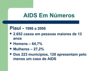 AIDS Em Números
Piauí - 1986 a 2006
 2.652

casos em pessoas maiores de 13

anos
 Homens – 64,7%
 Mulheres – 27,2%
 Dos 223 municípios, 120 apresentam pelo
menos um caso de AIDS

 