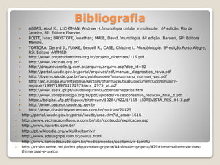 Bibliografia
 ABBAS, Abul K.; LICHTMAN, Andrew H.Imunologia celular e molecular. 6ª edição. Rio de
Janeiro, RJ: Editora Elsevier.
 ROITT, Ivan; BROSTOFF, Jonathan; MALE, David.Imunologia. 6ª edição. Barueri, SP: Editora
Manole.
 TORTORA, Gerard J., FUNKE, Berdell R., CASE, Chistine L. Microbiologia. 8ª edição.Porto Alegre,
RS: Editora ARTMED.
 http://www.projetodiretrizes.org.br/projeto_diretrizes/115.pdf
 http://www.vacinas.org.br/
 http://drauziovarella.ig.com.br/arquivo/arquivo.asp?doe_id=82
 http://portal.saude.gov.br/portal/arquivos/pdf/manual_diagnostico_raiva.pdf
 http://bvsms.saude.gov.br/bvs/publicacoes/funasa/manu_normas_vac.pdf
 http://ec.europa.eu/enterprise/sectors/pharmaceuticals/documents/community-
register/1997/199711172975/anx_2975_pt.pdf
 http://www.eselx.ipl.pt/saudeseguranca/doenca/hepatite.htm
 http://www.sbhepatologia.org.br/pdf/uploads/76281consenso_redacao_final_b.pdf
 https://bdigital.ufp.pt/dspace/bitstream/10284/422/1/168-180REVISTA_FCS_04-3.pdf
 http://www.pasteur.saude.sp.gov.br
 http://www.drashirleydecampos.com.br/noticias/21125
 http://portal.saude.gov.br/portal/saude/area.cfm?id_area=1616
 http://www.vacinacaoinfluenza.com.br/site/conteudo/explicacao.asp
 http://www.novartis.com.br/
 http://pt.wikipedia.org/wiki/Oseltamivir
 http://www.adeusgripe.com.br/ovirus.html
 http://www.bancodesaude.com.br/medicamentos/oseltamivir-tamiflu
 http://crohn.netne.net/index.php/dossier-gripe-a/44-dossier-gripe-a/479-tiomersal-em-vacinas-
thimerosal-e-toxico
 