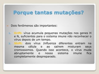 Porque tantas mutações?
 Dois fenômenos são importantes:
1. Drift: vírus acumula pequenas mutações nos genes H
e N, suficientes para o sistema imune não reconhecer o
vírus depois de um tempo.
2. Shift: dois vírus Influenza diferentes entram na
mesma célula e ao saírem misturam seus
cromossomos. Quando isso acontece, o vírus muda
abruptamente e nosso sistema imune fica
completamente despreparado.
 