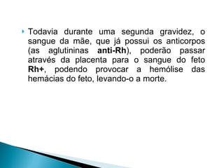 Todavia durante uma segunda gravidez, o sangue da mãe, que já possui os anticorpos (as aglutininas  anti-Rh ), poderão passar através da placenta para o sangue do feto  Rh+ , podendo provocar a hemólise das hemácias do feto, levando-o a morte. 