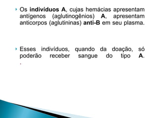 Os  indivíduos A , cujas hemácias apresentam antígenos (aglutinogênios)  A , apresentam anticorpos (aglutininas)  anti-B  em seu plasma.  Esses indivíduos, quando da doação, só poderão receber sangue do tipo  A . .  
