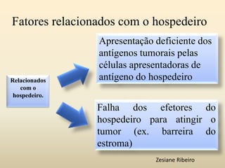 Fatores relacionados com o hospedeiro
Relacionados
com o
hospedeiro.
Apresentação deficiente dos
antígenos tumorais pelas
células apresentadoras de
antígeno do hospedeiro
Falha dos efetores do
hospedeiro para atingir o
tumor (ex. barreira do
estroma)
Zesiane Ribeiro
 