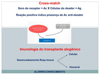 Cross-match
Soro do receptor = Ac X Células do doador = Ag
Reação positiva indica presença de Ac anti-doador
Imunologia do transplante alogênico
Desencadeamento Resp Imune
Celular
Humoral
ALORRECONHECIMENTO
 