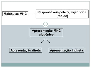 Moléculas MHC
Responsáveis pela rejeição forte
(rápida)
Apresentação MHC
alogênico
Apresentação direta Apresentação indireta
 