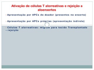 Ativação de células T alorreativas e rejeição a
aloenxertos
• Apresent aç ão por APCs do doador (present es no enxerto)
• Apresent ação por APCs próprias (apresent ação indireta)
• Cél ul as T alorr eati vas : mi gr am par a t eci do Transpl ant ado
- rejeição
 