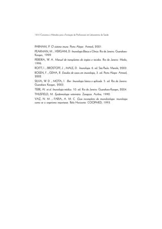 124 | Conceitos e Métodos para a Formação de Profissionais em Laboratórios de Saúde
PARHAM, P. O sistema imune. Porto Alegre: Artmed, 2001.
PEAKMAN, M. ; VERGANI, D. Imunologia Básica e Clínica. Rio de Janeiro: Guanabara-
Koogan, 1999.
PEREIRA, W. A. Manual de transplantes de órgãos e tecidos. Rio de Janeiro: Medsi,
1996.
ROITT, I. ; BROSTOFF, J. ; MALE, D. Imunologia. 6. ed. São Paulo: Manole, 2003.
ROSEN, F. ; GEHA, R. Estudos de casos em imunologia, 3. ed. Porto Alegre: Artmed,
2002.
SILVA, W. D. ; MOTA, I. Bier: Imunologia básica e aplicada. 5. ed. Rio de Janeiro:
Guanabara Koogan, 2003.
TERR, AI. et al. Imunologia médica. 10. ed. Rio de Janeiro: Guanabara-Koogan, 2004.
THUSFIELD, M. Epidemiologia veterinária. Zaragoza. Acribia, 1990.
VAZ, N. M. ; FARIA, A. M. C. Guia incompleto de imunobiologia: imunologia
como se o organismo importasse. Belo Horizonte: COOPMED, 1993.
 
