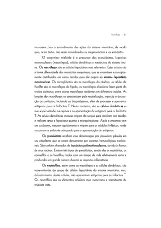 | 21
interessam para o entendimento das ações do sistema imunitário, de modo
que, neste texto, não serão considerados os megacariócitos e os eritrócitos.
O progenitor mieloide é o precursor dos granulócitos, fagócitos
mononucleares (macrófagos), células dendríticas e mastócitos do sistema imu-
ne. Os macrófagos são as células fagocitárias mais relevantes. Estas células são
a forma diferenciada dos monócitos sanguíneos, que se encontram estrategica-
mente distribuídos em vários tecidos para dar origem ao sistema fagocitário
mononuclear. Os microgliócitos são os macrófagos do cérebro, as células de
Kupffer são os macrófagos do fígado, os macrófagos alveolares fazem parte do
tecido pulmonar, entre outros macrófagos residentes em diferentes tecidos. As
funções dos macrófagos se caracterizam pela neutralização, ingestão e destrui-
ção de partículas, incluindo os biopatógenos, além de processar e apresentar
antígenos para os linfócitos T. Neste contexto, são as células dendríticas as
mais especializadas na captura e na apresentação de antígenos para os linfócitos
T. As células dendríticas imaturas migram do sangue para residirem nos tecidos
e realizam tanto a fagocitose quanto a micropinocitose. Após o encontro com
um patógeno, maturam rapidamente e migram para os nódulos linfáticos, onde
encontram o ambiente adequado para a apresentação de antígenos.
Os granulócitos recebem essa denominação por possuírem grânulos em
seu citoplasma que se coram densamente por corantes hematológicos tradicio-
nais. São também chamados de leucócitos polimorfonucleares, devido às formas
de seus núcleos. Existem três tipos de granulócitos, sendo eles os neutrófilos, os
eosinófilos e os basófilos; todos com um tempo de vida relativamente curto e
produzidos em grande número durante as respostas inflamatórias.
Os neutrófilos, assim como os macrófagos e as células dendríticas, são
representantes do grupo de células fagocitárias do sistema imunitário, mas,
diferentemente destas células, não apresentam antígenos para os linfócitos T.
Os neutrófilos são os elementos celulares mais numerosos e importantes da
resposta inata.
Imunologia
 