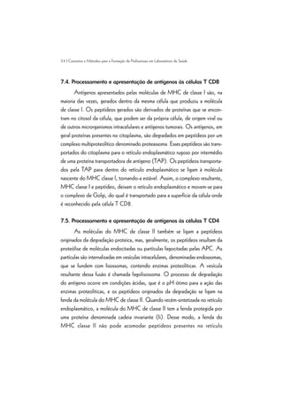 54 | Conceitos e Métodos para a Formação de Profissionais em Laboratórios de Saúde
7.4. Processamento e apresentação de antígenos às células T CD8
Antígenos apresentados pelas moléculas de MHC de classe I são, na
maioria das vezes, gerados dentro da mesma célula que produziu a molécula
de classe I. Os peptídeos gerados são derivados de proteínas que se encon-
tram no citosol da célula, que podem ser da própria célula, de origem viral ou
de outros microrganismos intracelulares e antígenos tumorais. Os antígenos, em
geral proteínas presentes no citoplasma, são degradados em peptídeos por um
complexo multiproteolítico denominado proteassoma. Esses peptídeos são trans-
portados do citoplasma para o retículo endoplasmático rugoso por intermédio
de uma proteína transportadora de antígeno (TAP). Os peptídeos transporta-
dos pela TAP para dentro do retículo endoplasmático se ligam à molécula
nascente do MHC classe I, tornando-a estável. Assim, o complexo resultante,
MHC classe I e peptídeo, deixam o retículo endoplasmático e movem-se para
o complexo de Golgi, do qual é transportado para a superfície da célula onde
é reconhecido pela célula T CD8.
7.5. Processamento e apresentação de antígenos às células T CD4
As moléculas do MHC de classe II também se ligam a peptídeos
originados da degradação proteica, mas, geralmente, os peptídeos resultam da
proteólise de moléculas endocitadas ou partículas fagocitadas pelas APC. As
partículas são internalizadas em vesículas intracelulares, denominadas endossomas,
que se fundem com lisossomas, contendo enzimas proteolíticas. A vesícula
resultante dessa fusão é chamada fagolisossoma. O processo de degradação
do antígeno ocorre em condições ácidas, que é o pH ótimo para a ação das
enzimas proteolíticas, e os peptídeos originados da degradação se ligam na
fenda da molécula do MHC de classe II. Quando recém-sintetizada no retículo
endoplasmático, a molécula do MHC de classe II tem a fenda protegida por
uma proteína denominada cadeia invariante (Ii). Desse modo, a fenda do
MHC classe II não pode acomodar peptídeos presentes no retículo
 