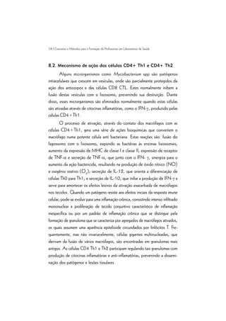58 | Conceitos e Métodos para a Formação de Profissionais em Laboratórios de Saúde
8.2. Mecanismo de ação das células CD4+ Th1 e CD4+ Th2
Alguns microrganismos como Mycobacterium spp são patógenos
intracelulares que crescem em vesículas, onde são parcialmente protegidos da
ação dos anticorpos e das células CD8 CTL. Estes normalmente inibem a
fusão destas vesículas com o lisossomo, prevenindo sua destruição. Diante
disso, esses microrganismos são eliminados normalmente quando estas células
são ativadas através de citocinas inflamatórias, como o IFN-g, produzido pelas
células CD4+Th1.
O processo de ativação, através do contato dos macrófagos com as
células CD4+Th1, gera uma série de ações bioquímicas que convertem o
macrófago numa potente célula anti bacteriana. Estas reações são: fusão do
fagossomo com o lisossomo, expondo as bactérias às enzimas lisossomais;
aumento da expressão de MHC de classe I e classe II; expressão de receptor
de TNF-a e secreção de TNF-a, que junto com o IFN- g, sinergiza para o
aumento da ação bactericida, resultando na produção de óxido nítrico (NO)
e oxigênio reativo (O2
); secreção de IL-12, que orienta a diferenciação de
células Th0 para Th1; e secreção de IL-10, que inibe a produção de IFN-g e
serve para amortecer os efeitos lesivos da ativação exacerbada de macrófagos
nos tecidos. Quando um patógeno resiste aos efeitos iniciais da resposta imune
celular, pode-se evoluir para uma inflamação crônica, consistindo intenso infiltrado
mononuclear e proliferação de tecido conjuntivo característico de inflamação
inespecífica ou por um padrão de inflamação crônica que se distingue pela
formação de granuloma que se caracteriza por agregados de macrófagos ativados,
os quais assumem uma aparência epitelioide circundados por linfócitos T. Fre-
quentemente, mas não invariavelmente, células gigantes multinucleadas, que
derivam da fusão de vários macrófagos, são encontradas em granulomas mais
antigos. As células CD4 Th1 e Th2 participam regulando tais granulomas com
produção de citocinas inflamatórias e anti-inflamatórias, prevenindo a dissemi-
nação dos patógenos e lesões tissulares.
 