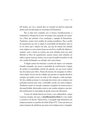 | 89
pH alcalino, por isso o material deve ser montado em glicerina tamponada
alcalina antes da observação em microscópio de fluorescência.
Para se obter bons resultados com as técnicas imunofluorescentes, é
fundamental a utilização de um bom microscópio ótico equipado com acessó-
rios e filtros que permitam a boa visualização e captação da fluorescência.
Atualmente, existem vários modelos de variadas procedências. Para a escolha
do equipamento que mais se adapte às necessidades do laboratório, deve-se
ter em mente qual o objetivo do teste, que tipo de material será utilizado
como antígeno ou como amostra (para que seja feita a escolha das objetivas e
oculares), qual o corante ou corantes que serão utilizados (para que sejam
definidos os filtros do equipamento), quantos exames serão realizados em
média e quantas vezes por semana, uma vez que tal escolha irá interferir na vida
útil e escolha da lâmpada a ser utilizada, entre outros fatores.
A ligação química de anticorpos a corantes dá origem a um composto
chamado conjugado, que associa a capacidade de reconhecimento e ligação
do primeiro às propriedades corantes do segundo, sem que ocorra nenhum
tipo de prejuízo para ambos. Apesar de processo de conjugação ser relativa-
mente simples, há uma série de cuidados que precisam ser seguidos devido às
variações que podem ocorrer em cada um dos reagentes a cada associação.
Um dos cuidados principais é a imunização dos animais com os antígenos mais
purificados possíveis para evitar a reatividade cruzada com outros antígenos.
Atualmente existem no mercado compostos conjugados de extrema pureza e
alta especificidade, direcionados contra os mais variados antígenos e que aten-
dem perfeitamente às necessidades da grande maioria dos laboratórios.
A partir do método descrito por Coons e seus colaboradores, sugiram
numerosas variações, das quais, a imunofluorescência direta foi a mais simples
e a primeira a ser descrita. Nesta técnica, o conjugado reage diretamente com
antígenos presentes na superfície de células (Figura 27). Como esta técnica se
presta à pesquisa de substâncias que atuam como antígenos para o conjugado,
Imunologia
 