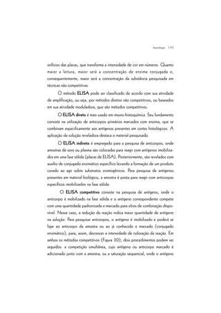 | 95
orifícios das placas, que transforma a intensidade de cor em números. Quanto
maior a leitura, maior será a concentração de enzima conjugada e,
consequentemente, maior será a concentração da substância pesquisada em
técnicas não competitivas.
O método ELISA pode ser classificado de acordo com sua atividade
de amplificação, ou seja, por métodos diretos não competitivos, ou baseados
em sua atividade moduladora, que são métodos competitivos.
O ELISA direto é mais usado em imuno-histoquímica. Seu fundamento
consiste na utilização de anticorpos primários marcados com enzima, que se
combinam especificamente aos antígenos presentes em cortes histológicos. A
aplicação da solução reveladora destaca o material pesquisado.
O ELISA indireto é empregado para a pesquisa de anticorpos, onde
amostras de soro ou plasma são colocadas para reagir com antígenos imobiliza-
dos em uma fase sólida (placas de ELISA). Posteriormente, são revelados com
auxílio de conjugado enzimático específico levando a formação de um produto
corado ao agir sobre substratos cromogênicos. Para pesquisa de antígenos
presentes em material biológico, a amostra é posta para reagir com anticorpos
específicos imobilizados na fase sólida.
O ELISA competitivo consiste na pesquisa de antígeno, onde o
anticorpo é mobilizado na fase sólida e o antígeno correspondente compete
com uma quantidade padronizada e marcado para sítios de combinação dispo-
nível. Nesse caso, a redução da reação indica maior quantidade de antígeno
na solução. Para pesquisar anticorpos, o antígeno é imobilizado e poderá se
ligar ao anticorpo da amostra ou ao já conhecido e marcado (conjugado
enzimático), para, assim, decrescer a intensidade de coloração da reação. Em
ambos os métodos competitivos (Figura 30), dois procedimentos podem ser
seguidos: a competição simultânea, cujo antígeno ou anticorpo marcado é
adicionado junto com a amostra; ou a saturação sequencial, onde o antígeno
Imunologia
 