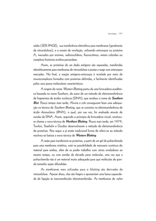 | 97
sódio (SDS-PAGE); sua transferência eletrolítica para membranas (geralmente
de nitrocelulose); e o ensaio de revelação, utilizando anticorpos ou proteína
A, marcados por enzimas, radionuclídeos, fluorocrômos, metais coloidais ou
complexo biotinina-avidina-peroxidase.
Assim, as proteínas de um dado antígeno são separadas, transferidas
eletroliticamente para membranas de nitrocelulose e postas a reagir com anticorpos
marcados. No final, a reação antígeno-anticorpo é revelada por meio de
imunocomplexos formados com proteínas definidas, e facilmente identificadas
pelos seus pesos moleculares característicos.
A origem do nome Western Blotting partiu de uma brincadeira acadêmi-
ca baseada no nome Southern, do autor de um método de eletrotransferência
de fragmentos de ácidos nucleicos (DNA), que recebeu o nome de Southern
Blot. Pouco tempo mais tarde, Alwine e cols conseguiram fazer uma adequa-
ção na técnica de Southern Blotting, que se consistiu na eletrotransferência de
ácido ribonucleico (RNA), o qual, por sua vez, foi analisado através de
sondas de DNA. Assim, seguindo o princípio da brincadeira inicial, resolveu-
se chamar a nova técnica de Northern Blotting. Pouco mais tarde, em 1979,
Towbin, Staehelin e Gordon desenvolveram o método de eletrotransferência
de proteínas. Para seguir a já então tradicional forma de referir-se ao método
resolveu-se batizar a nova técnica de Western Blotting.
A razão para transferirem-se proteínas, a partir de um gel de poliacrilamida
para uma membrana sintética, está na possibilidade de manuseio contínuo do
material para análise, além de se poder trabalhar com vários reveladores ao
mesmo tempo, ou com sondas de elevado peso molecular, uma vez que a
poliacrilamida não é um material muito adequado para que moléculas de gran-
de tamanho sejam difundidas.
As membranas mais utilizadas para o blotting são derivadas da
nitrocelulose. Apesar disso, elas são frágeis e apresentam uma baixa capacida-
de de ligação às macromoléculas eletrotransferidas. As membranas de nylon
Imunologia
 