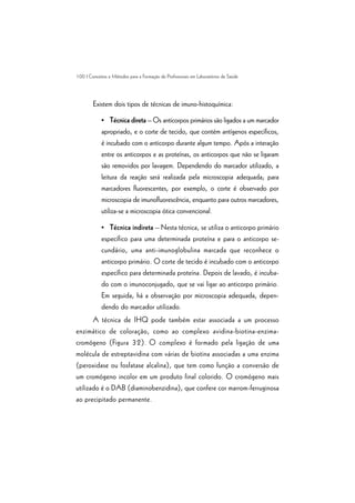 100 | Conceitos e Métodos para a Formação de Profissionais em Laboratórios de Saúde
Existem dois tipos de técnicas de imuno-histoquímica:
• Técnica direta – Os anticorpos primários são ligados a um marcador
apropriado, e o corte de tecido, que contém antígenos específicos,
é incubado com o anticorpo durante algum tempo. Após a interação
entre os anticorpos e as proteínas, os anticorpos que não se ligaram
são removidos por lavagem. Dependendo do marcador utilizado, a
leitura da reação será realizada pela microscopia adequada; para
marcadores fluorescentes, por exemplo, o corte é observado por
microscopia de imunofluorescência, enquanto para outros marcadores,
utiliza-se a microscopia ótica convencional.
• Técnica indireta – Nesta técnica, se utiliza o anticorpo primário
específico para uma determinada proteína e para o anticorpo se-
cundário, uma anti-imunoglobulina marcada que reconhece o
anticorpo primário. O corte de tecido é incubado com o anticorpo
específico para determinada proteína. Depois de lavado, é incuba-
do com o imunoconjugado, que se vai ligar ao anticorpo primário.
Em seguida, há a observação por microscopia adequada, depen-
dendo do marcador utilizado.
A técnica de IHQ pode também estar associada a um processo
enzimático de coloração, como ao complexo avidina-biotina-enzima-
cromógeno (Figura 32). O complexo é formado pela ligação de uma
molécula de estreptavidina com várias de biotina associadas a uma enzima
(peroxidase ou fosfatase alcalina), que tem como função a conversão de
um cromógeno incolor em um produto final colorido. O cromógeno mais
utilizado é o DAB (diaminobenzidina), que confere cor marrom-ferruginosa
ao precipitado permanente.
 