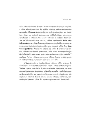 | 27
vasos linfáticos aferentes drenam o fluido dos tecidos e carregam antígenos
e células infectadas aos seios dos nódulos linfáticos, onde os antígenos são
capturados. Os seios são revestidos por orifícios minúsculos, que permi-
tem a linfa e seu conteúdo atravessarem o nódulo linfático e entrarem em
contato com os linfócitos. Nos nódulos linfáticos, os linfócitos B se locali-
zam em folículos nas áreas corticais, também denominadas áreas timo-
independentes; as células T são mais difusamente distribuídas em torno das
áreas paracorticais, também conhecidas como zonas de células T ou áreas
timo-dependentes. Alguns dos folículos de células B contêm áreas cen-
trais, denominadas centros germinativos, onde ocorre intensa proliferação
dos linfócitos B, após seu encontro com o antígeno específico e células T
auxiliares. Por fim, a linfa sai por um vaso linfático eferente no lado oposto
do nódulo linfático, numa região conhecida como hilo.
O baço encontra-se situado atrás do estômago e filtra o sangue da
mesma forma como os nódulos linfáticos filtram a linfa e coletam antígenos.
Também captura e se desfaz de células vermelhas senescentes. A massa
principal deste órgão é composta pela polpa vermelha e os linfócitos cir-
cundam as arteríolas que o penetram, formando áreas da polpa branca, cuja
região mais interna é dividida em uma camada linfoide periarteriolar, con-
tendo principalmente células T e revestidas por uma coroa de células B.
Imunologia
 
