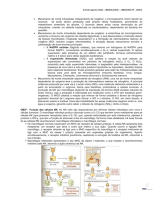 Arlindo Ugulino Netto – IMUNOLOGIA I – MEDICINA P3 – 2008.2
 Mecanismo de morte intracelular independente de oxig‚nio: o microrganismo morre devido ao
acŽmulo de ƒcido lƒctico produzido pela pr„pria c€lula hospedeira, proveniente do
metabolismo anaer„bio da glicose. O acumulo desse acido causa diminui†…o do pH
intracelular, criando um abiente bactericida ou bacteriostƒtico, dependendo da bact€ria em
quest…o.
 Mecanismos de morte intracelular dependente de oxig‚nio: a endocitose de microrganismos
aumenta o consumo de oxigenio nas c€lulas fagoc•ticas, o que desencadeia o chamado desvio
da hexose monofosfato (“explos…o respirat„ria”) e a forma†…o de intermediƒrios reativos de
oxig‚nio (ROI, reactive oxygen intermediates). A ativa†…o desses mecanismos envolve a
participa†…o de duas enzimas principais:
o A NADPH oxidase (fag„cito oxidase), que remove um hidrogenio do NADPH para
formar NADP+, convertendo simultaneamente o O2 e, radical super„xido. O radical
super„xido, pela presen†a de um el€tron n…o partilhado, torna-se extremamente
reativo e € toxico para vƒrias esp€cies bacterianas.
o A superóxido dismutase (SOD), que catalisa a rea†…o na qual radicais de
super„xidos s…o convertidos em per„xido de hidrog‚nio (H2O2) e O2. O H2O2,
produzido pela a†…o super„xido dismutase, € degradado pela mieloperoxidase, na
presen†a de •ons cloro e iodo para produzir hipoclorito ou hipoiodeto, tamb€m t„xicos
para esp€cies bacterianas. Esses produtos gerados pela a†…o da mieloperoxidase s…o
t„xicos para uma s€rie de microrganismos incluindo bact€rias, v•rus, fungos,
Mycoplasma, Chlamydia, Leishmania donovani e Schistossoma mansoni.
 Mecanismo de morte intracelular dependente de nitrog‚nio (RNI): uma via de morte intracelular
dependente de oxigenio leva a produ†…o de intermediƒrios reativos de nitrog‚nio. A principal
mol€cula produzida por esta via € o oxido n•trico (NO), uma mol€cula diatomica sintetizada e a
partir do aminoƒcido L- arginina, t„xica para bact€rias, protozoƒrios e c€lulas tumorais. A
produ†…o de NO por macr„fagos depende da express…o da enzima iNOS (sintase induzida de
„xido n•trico), cuja a produ†…o € estimulada por mol€culas como o LPS (em bact€rias gram-
negativas). O iNOS catalisa a rea†…o que remove de forma oxidativa o ƒtomo de nitrogenio
guanidino terminal da L-arginina para formar o NO e L-citrulina. O NO, em meio l•quido, €
altamente reativo e instƒvel. Essa alta instabilidade faz essas mol€culas reagirem entre si, com
ƒgua e oxigenio, gerando outro radial, o di„xido de nitrogenio (NO2), nitrito e nitrato.
OBS³: Função das células NK. As NK cells s…o responsƒveis por eliminar c€lulas infectadas com v•rus e
c€lulas tumorais. O macr„fago infectado produz citocinas (como a IL-12) que servem como mediadores para as
c€lulas NK (que possuem receptores para a IL-12), que, quando estimuladas por esta interleucina, passam a
produzir o IFN-γ, que tem a fun†…o de estimular a lise do macr„fago. De forma mais detalhada, hƒ duas formas
de as c€lulas NK reconhecerem macr„fagos infectados e macr„fagos normais:
 Os macr„fagos normais expressam um MHC de receptor de c€lulas pr„prias. A c€lula NK apresenta dois
receptores: um receptor que ativa e outro que inativa a sua a†…o. Quando ocorre a liga†…o NK-
macr„fago, o receptor ativante se liga com o MHC espec•fico do macr„fago e o receptor inativante se
liga com o MHC da classe I pr„prio (presente em organelas pr„prias do organismo). Agindo
simultaneamente, o receptor inibit„rio predomina, realizando a remo†…o de fosfatos da NK, induzindo a
sua inibi†…o.
 Macr„fagos infectados apresentam o seu MHC da classe I inativado, o que impede o reconhecimento
inibit„rio pela NK, ativando a a†…o citot„xica da NK.
 