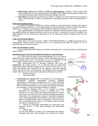 Arlindo Ugulino Netto – IMUNOLOGIA I – MEDICINA P3 – 2008.2
 Diferenciação celular de LT CD4 e LT CD8 em subpopulações: o linf„cito T CD4+ auxiliar (Th0)
pode se diferenciar em duas subpopula†‡es de linhagens: Th1 e Th2. Essa diferencia†…o depende do
microambiente gerado pelas citocinas previamente liberadas pela APC.
 Fase efetora: ativa†…o dos macr„fagos para destruir o ant•geno por meio de radicais livres (quando a
APC € estimulada pelo LT CD4+); ou apoptose dos macr„fagos (quando a APC € estimulada pelo LT
CD8+).
Fases da Imunidade Celular
A indu†…o da imunidade mediada por c€lulas consiste no reconhecimento do ant•geno pela c€lula T
nos „rg…os linf„ides perif€ricos e na sua diferencia†…o em linf„citos efetores. O MHC de classe I apresenta o
ant•geno ao LT citot„xico, enquanto que o MHC de classe II apresenta o ant•geno ao LT auxiliar.
Ap„s a apresenta†…o, hƒ ativa†…o dos linf„citos e a expans…o clonal dos mesmos, saindo, logo depois,
dos „rg…os linf„ides em dire†…o aos tecidos, onde ocorre, de fato, o mecanismo de morte do ant•geno: ou a
c€lula infectada vai ser eliminada (por apoptose) ou vai ser ativada para destruir ant•genos sem sua auto-
destrui†…o.
FASE DE RECONHECIMENTO
Nessa fase, ocorre os dois sinais: o sinal 1 (TCR-PEPT—DEO-MHC) e o sinal 2 (presen†a dos co-
estimuladores: CD28 e CD40L). Lembrando que o LTa € apresentado para MHC de classe II e o LTc €
apresentando para o MHC de classe I.
FASE DE EXPANSÃO CLONAL
Fase de prolifera†…o dos linf„citos em resposta a secre†…o de IL-2 (citocina ativadora de linf„cito) pelo
pr„prio linf„cito.
DIFERENCIAÇÃO CELULAR EM SUBPOPULAÇÕES E FASE EFETORA
O LT CD4+ pode dar origem a duas subpopula†‡es: Th1 e Th2, que se
diferenciam entre si pelos perfis de citocinas a serem secretadas por eles: os
LT Th1 secretam IFN-γ; os LT Th2 secretam IL-4 e IL-5. A prefer‚ncia pela
diferencia†…o de algum subtipo se dƒ a partir da natureza do ant•geno.
Essa diferencia†…o dos LT auxiliares responde pelo termo de
polarização, isto porque quando o LT se diferencia para um determinado
subgrupo pr€-citado, este tem a fun†…o de inibir o outro, de modo que o LT, em
suma, opte apenas pela prefer‚ncia de um subgrupo, para cada resposta
celular. Isso faz com que, a cada resposta, haja sempre um dos subgrupos em
nŽmero bem maior que o outro. Esses subgrupos se diferenciam por tanto:
 Perfil de citocinas
 Mecanismo efetor
 Propriedades da resposta Th1: se manifesta com microrganismos
intracelulares: bact€rias intracelulares (Lysteria); parasitas
Intracelulares (Leishmania); micobact€rias; v•rus. A APC apresenta
estes ant•genos a um linf„cito LT Th0, o qual vai se diferenciar em LT
Th1. As citocinas liberadas por esta resposta s…o potentes ativadores
de macr„fagos, o qual se encarrega de destruir o ant•geno.
 Citocinas clƒssicas: IFN-γ e IL-12. Quando as c€lulas
dendr•ticas (ou macr„fagos) durante a intera†…o com o LT
secretam IL-12, essa citocina ativa c€lulas NK presentes no local,
que passam a secretar IFN-γ. Esta citocina secretada aumentarƒ a
s•ntese de IL-12 e atuarƒ sobre as c€lulas T que est…o interagindo
com a c€lula apresentadora de ant•geno e que ainda n…o tem um
padr…o de diferencia†…o (LTh0). A ativa†…o do Th0 pelo IFN-γ
induz a produ†…o de mais IFN-γ e IL-12 nessas c€lulas, citocinas
que definem o padr…o de LTh1.
 Fatores de transcri†…o (responsƒvel por transcrever mais
citocinas): STAT-4 e T-bet (este secretado pela estimula†…o
daquele).
 Is„topo: IgG2.
O LTh0 naive (linf„cito T virgem), ao ser apresentado ao ant•geno
intracelular pela APC, sofre intera†…o com a citocina IL-2. Alguns
 