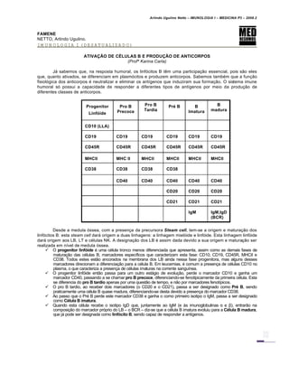 Arlindo Ugulino Netto – IMUNOLOGIA I – MEDICINA P3 – 2008.2
FAMENE
NETTO, Arlindo Ugulino.
IMUNOLOGIA I (DESATUALIZADO)
ATIVAÇÃO DE CÉLULAS B E PRODUÇÃO DE ANTICORPOS
(Profª Karina Carla)
Jƒ sabemos que, na resposta humoral, os linf„citos B t‚m uma participa†…o essencial, pois s…o eles
que, quanto ativados, se diferenciam em plasm„citos e produzem anticorpos. Sabemos tamb€m que a fun†…o
fisiol„gica dos anticorpos € neutralizar e eliminar os ant•genos que induziram sua forma†…o. O sistema imune
humoral s„ possui a capacidade de responder a diferentes tipos de ant•genos por meio da produ†…o de
diferentes classes de anticorpos.
Progenitor
Linfóide
Pro B
Precoce
Pro B
Tardia
Pré B B
Imatura
B
madura
CD10 (LLA)
CD19 CD19 CD19 CD19 CD19 CD19
CD45R CD45R CD45R CD45R CD45R CD45R
MHCII MHC II MHCII MHCII MHCII MHCII
CD38 CD38 CD38 CD38
CD40 CD40 CD40 CD40 CD40
CD20 CD20 CD20
CD21 CD21 CD21
IgM IgM,IgD
(BCR)
Desde a medula „ssea, com a presen†a da precursora Steam cell, tem-se a origem e matura†…o dos
linf„citos B: esta steam cell darƒ origem a duas linhagens: a linhagem miel„ide e linf„ide. Esta linhagem linf„ide
darƒ origem aos LB, LT e c€lulas NK. A designa†…o dos LB € assim dada devido a sua origem e matura†…o ser
realizada em n•vel de medula „ssea.
 O progenitor linfóide € uma c€lula tronco menos diferenciada que apresenta, assim como as demais fases de
matura†…o das c€lulas B, marcadores espec•ficos que caracterizam esta fase: CD10, CD19, CD45R, MHCII e
CD38. Todos estes est…o ancorados na membrana dos LB ainda nessa fase progenitora, mas alguns desses
marcadores direcionam a diferencia†…o para a c€lula B. Em leucemias, € comum a presen†a de c€lulas CD10 no
plasma, o que caracteriza a presen†a de c€lulas imaturas na corrente sangu•nea.
 O progenitor linf„ide ent…o passa para um outro estƒgio de evolu†…o, perde o marcador CD10 e ganha um
marcador CD40, passando a se chamar pro B precoce, diferenciando-se fenotipicamente da primeira c€lula. Esta
se diferencia do pro B tardio apenas por uma quest…o de tempo, e n…o por marcadores fenot•picos.
 O pro B tardio, ao receber dois marcadores (o CD20 e o CD21), passa a ser designado como Pré B, sendo
praticamente uma c€lula B quase madura, diferenciando-se desta devido a presen†a do marcador CD38.
 Ao passo que o Pr€ B perde este marcador CD38 e ganha o como primeiro isotipo o IgM, passa a ser designado
como Célula B imatura.
 Quando esta c€lula recebe o isotipo IgD que, juntamente ao IgM (e Šs imunoglobulinas α e β), entrar…o na
composi†…o do marcador pr„prio do LB – o BCR – diz-se que a c€lula B imatura evoluiu para a Célula B madura,
que jƒ pode ser designada como linfócito B, sendo capaz de responder a ant•genos.
 