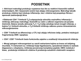 PODSETNIK
Aktivisani makrofagi produkuju supstance kao što su reaktivni kiseonički radikali
(intermedijeri), NO i lizozomalni enzimi koji ubijaju mikroorganizme. Makrofagi takođe
produkuju citokine koji indukuju inflamaciju, kao i citokine koji pospešuju fibrozu i
oporavak (ozdravljenje) tkiva
Efektorski CD4+ T-limfociti TH2 subpopulacije stimulišu eozinofilnu inflamaciju i
inhibiraju aktivaciju makrofaga. Eozinofili su važni u odbrani organizma od parazita
(helminti). Balans između aktivacije TH1 i TH2 ćelija određuje ishod mnogih infekcija, u
kojima TH1 limfociti stimulišu, a TH2 limfociti inhibiraju odbranu prema intracelularnim
mikroorganizmima
CD8+ T-limfociti se diferenciraju u CTL koji ubijaju inficirane ćelije, pretežno indukujući
fragmentaciju DNK i apoptozu
CD4+ i CD8+ T-limfociti često funkcionišu zajedno u eradikaciji intracelularnih infekcija
Mnogi patogeni mikroorganizmi su razvili mehanizme kojima se brane od ćelijskog
imuniteta. Ti mehanizmi su: inhibicija fuzije fagolizozoma, sposobnost izlaska iz vezikula
(fagozoma) u citoplazmu, inhibicija povezivanja kompleksa peptida i MHC molekula I
klase, produkcija inhibitornih citokina ili produkcija solubilnih citokinskih receptora.
www.belimantil.info
 