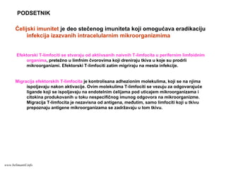 PODSETNIK
Ćelijski imunitet je deo stečenog imuniteta koji omogućava eradikaciju
infekcija izazvanih intracelularnim mikroorganizmima
Efektorski T-limfociti se stvaraju od aktiivsanih naivnih T-limfocita u perifernim limfoidnim
organima, pretežno u limfnim čvorovima koji dreniraju tkiva u koje su prodrli
mikroorganizmi. Efektorski T-limfociti zatim migriraju na mesta infekcije.
Migracija efektorskih T-limfocita je kontrolisana adhezionim molekulima, koji se na njima
ispoljavaju nakon aktivacije. Ovim molekulima T-limfociti se vezuju za odgovarajuće
ligande koji se ispoljavaju na endotelnim ćelijama pod uticajem mikroorganizama i
citokina produkovanih u toku nespecifičnog imunog odgovora na mikroorganizme.
Migracija T-limfocita je nezavisna od antigena, međutim, samo limfociti koji u tkivu
prepoznaju antigene mikroorganizama se zadržavaju u tom tkivu.
www.belimantil.info
 