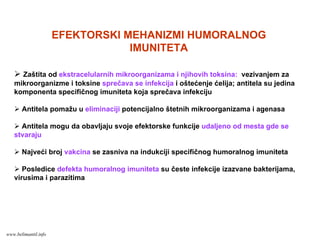 EFEKTORSKI MEHANIZMI HUMORALNOG
IMUNITETA
Zaštita od ekstracelularnih mikroorganizama i njihovih toksina: vezivanjem za
mikroorganizme i toksine sprečava se infekcija i oštećenje ćelija; antitela su jedina
komponenta specifičnog imuniteta koja sprečava infekciju
Antitela pomažu u eliminaciji potencijalno štetnih mikroorganizama i agenasa
Antitela mogu da obavljaju svoje efektorske funkcije udaljeno od mesta gde se
stvaraju
Najveći broj vakcina se zasniva na indukciji specifičnog humoralnog imuniteta
Posledice defekta humoralnog imuniteta su česte infekcije izazvane bakterijama,
virusima i parazitima
www.belimantil.info
 