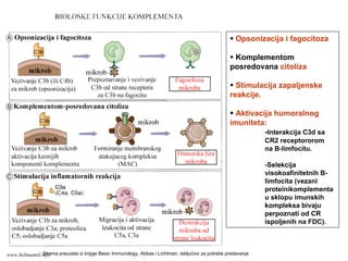 Opsonizacija i fagocitoza
Komplementom
posredovana citoliza
Stimulacija zapaljenske
reakcije.
Aktivacija humoralnog
imuniteta:
-Interakcija C3d sa
CR2 receptororom
na B-limfocitu.
-Selekcija
visokoafinitetnih B-
limfocita (vezani
proteinikomplementa
u sklopu imunskih
kompleksa bivaju
perpoznati od CR
ispoljenih na FDC).
Shema preuzeta iz knjige Basic Immunology, Abbas i Lichtman, iskljućivo za potrebe predavanjawww.belimantil.info
 