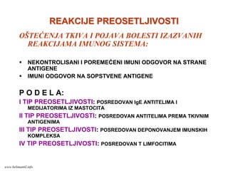 REAKCIJE PREOSETLJIVOSTIREAKCIJE PREOSETLJIVOSTI
OŠTEĆENJA TKIVA I POJAVA BOLESTI IZAZVANIH
REAKCIJAMA IMUNOG SISTEMA:
NEKONTROLISANI I POREMEĆENI IMUNI ODGOVOR NA STRANE
ANTIGENE
IMUNI ODGOVOR NA SOPSTVENE ANTIGENE
P O D E L A:
I TIP PREOSETLJIVOSTI: POSREDOVAN IgE ANTITELIMA I
MEDIJATORIMA IZ MASTOCITA
II TIP PREOSETLJIVOSTI: POSREDOVAN ANTITELIMA PREMA TKIVNIM
ANTIGENIMA
III TIP PREOSETLJIVOSTI: POSREDOVAN DEPONOVANJEM IMUNSKIH
KOMPLEKSA
IV TIP PREOSETLJIVOSTI: POSREDOVAN T LIMFOCITIMA
www.belimantil.info
 