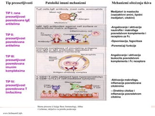Tip preosetljivosti Patološki imuni mehanizmi Mehanizmi oštećenja tkiva
TIP I: rana
preosetljivost
posredovana IgE
antitelima
TIP II:
preosetljivost
posredovana
antitelima
TIP III:
preosetljivost
posredovana
imunim
kompleksima
TIP IV:
preosetljivost
posredovana T
limfocitima
Shema preuzeta iz knjige Basic Immunology, Abbas
i Lichtman, isključivo za potrebe predavanja
Medijatori iz mastocita
(vazoaktivni amini, lipidni
medijatori, citokini)
-Angažovanje i aktivacija
nautrofila i makrofaga
posredstvom komplementa i
receptora za Fc
-Opsonizacija, fagocitoza
-Poremećaji funkcije
Angažovanje i aktivacija
leukocita posredstvom
komplementa i Fc receptora
-Aktivacija makrofaga,
inflamacija posredovana
citokinima
-- Direktna citoliza i
inflamacija posredstvom
citokina
www.belimantil.info
 