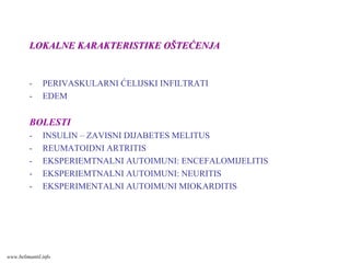 LOKALNE KARAKTERISTIKE OLOKALNE KARAKTERISTIKE OŠŠTETEĆĆENJAENJA
- PERIVASKULARNI ĆELIJSKI INFILTRATI
- EDEM
BOLESTI
- INSULIN – ZAVISNI DIJABETES MELITUS
- REUMATOIDNI ARTRITIS
- EKSPERIEMTNALNI AUTOIMUNI: ENCEFALOMIJELITIS
- EKSPERIEMTNALNI AUTOIMUNI: NEURITIS
- EKSPERIMENTALNI AUTOIMUNI MIOKARDITIS
www.belimantil.info
 