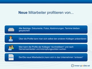 Neue Mitarbeiter profitieren von...



Alle Beiträge, Dokumente, Fotos, Abstimmungen, Termine bleiben
gespeichert


Über die Profile kann man sich selbst den anderen Kollegen präsentieren


Man kann die Profile der Kollegen “durchstöbern” und nach
Gemeinsamkeiten und Anknüpfungpunkten suchen


Der/Die neue Mitarbeiter(in) kann sich in das Unternehmen “einlesen”
 