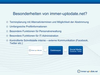 Besonderheiten von immer-uptodate.net?
!   Terminplanung mit Alternativterminen und Möglichkeit der Abstimmung
!   Umfangreiche Profilinformationen
!   Besondere Funktionen für Personalverwaltung
!   Besondere Funktionen für IT-Administration
!   Kontrollierte Schnittstelle interne – externe Kommunikation (Facebook,
    Twitter etc.)

                                        Gatekeeper       Social Media
                                                         Facebook, Twitter
 
