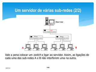 Um servidor de várias sub-redes (2/2) 
Vale a pena colocar um switch a ligar ao servidor. Assim, as ligações de 
cada uma das sub-redes A e B não interferem uma na outra. 
115 
Q121-5 
 