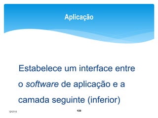 Aplicação 
Estabelece um interface entre 
o software de aplicação e a 
camada seguinte (inferior) 
122 
Q121-5 
 