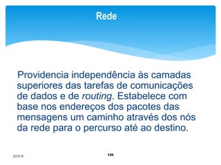 Rede 
Providencia independência às camadas 
superiores das tarefas de comunicações 
de dados e de routing. Estabelece com 
base nos endereços dos pacotes das 
mensagens um caminho através dos nós 
da rede para o percurso até ao destino. 
126 
Q121-5 
 