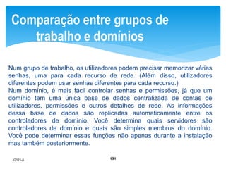 Comparação entre grupos de 
trabalho e domínios 
Num grupo de trabalho, os utilizadores podem precisar memorizar várias 
senhas, uma para cada recurso de rede. (Além disso, utilizadores 
diferentes podem usar senhas diferentes para cada recurso.) 
Num domínio, é mais fácil controlar senhas e permissões, já que um 
domínio tem uma única base de dados centralizada de contas de 
utilizadores, permissões e outros detalhes de rede. As informações 
dessa base de dados são replicadas automaticamente entre os 
controladores de domínio. Você determina quais servidores são 
controladores de domínio e quais são simples membros do domínio. 
Você pode determinar essas funções não apenas durante a instalação 
mas também posteriormente. 
131 
Q121-5 
 