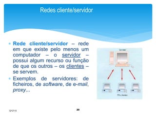 Redes cliente/servidor 
 Rede cliente/servidor – rede 
em que existe pelo menos um 
computador – o servidor – 
possui algum recurso ou função 
de que os outros – os clientes – 
se servem. 
 Exemplos de servidores: de 
ficheiros, de software, de e-mail, 
proxy... 
20 
Q121-5 
 