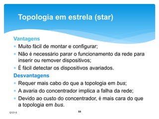 Topologia em estrela (star) 
Vantagens 
 Muito fácil de montar e configurar; 
 Não é necessário parar o funcionamento da rede para 
inserir ou remover dispositivos; 
 É fácil detectar os dispositivos avariados. 
Desvantagens 
 Requer mais cabo do que a topologia em bus; 
 A avaria do concentrador implica a falha da rede; 
 Devido ao custo do concentrador, é mais cara do que 
a topologia em bus. 
33 
Q121-5 
 