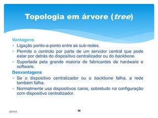 Topologia em árvore (tree) 
Vantagens 
 Ligação ponto-a-ponto entre as sub-redes. 
 Permite o controlo por parte de um servidor central que pode 
estar por detrás do dispositivo centralizador ou do backbone. 
 Suportada pela grande maioria de fabricantes de hardware e 
38 
software. 
Desvantagens 
 Se o dispositivo centralizador ou o backbone falha, a rede 
também falha. 
 Normalmente usa dispositivos caros, sobretudo na configuração 
com dispositivo centralizador. 
Q121-5 
 