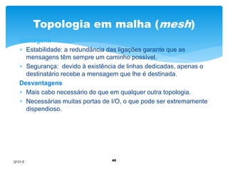 Topologia em malha (mesh) 
Vantagens 
 Estabilidade: a redundância das ligações garante que as 
mensagens têm sempre um caminho possível. 
 Segurança: devido à existência de linhas dedicadas, apenas o 
destinatário recebe a mensagem que lhe é destinada. 
Desvantagens 
 Mais cabo necessário do que em qualquer outra topologia. 
 Necessárias muitas portas de I/O, o que pode ser extremamente 
40 
dispendioso. 
Q121-5 
 
