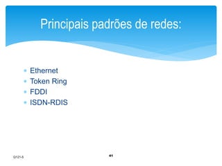 Principais padrões de redes: 
41 
 Ethernet 
 Token Ring 
 FDDI 
 ISDN-RDIS 
Q121-5 
 