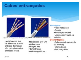 48 
Vantagens: 
•Fácil instalação 
•Barato 
•Instalação flexível 
•Usados com hubs ou 
switchs 
Desvantagens: 
•Cabo curto (máximo de 
90 metros) 
•Interferência 
eletromagnética 
Cabos entrançados 
•Mais baratos que 
os blindados e mais 
práticos de instalar 
são os mais usados 
em redes locais 
•Revestidos por um 
plástico para 
proteger das 
interferências 
electromagnéticas. 
Q121-5 
 