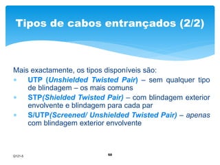 Tipos de cabos entrançados (2/2) 
Mais exactamente, os tipos disponíveis são: 
 UTP (Unshielded Twisted Pair) – sem qualquer tipo 
de blindagem – os mais comuns 
 STP(Shielded Twisted Pair) – com blindagem exterior 
envolvente e blindagem para cada par 
 S/UTP(Screened/ Unshielded Twisted Pair) – apenas 
com blindagem exterior envolvente 
50 
Q121-5 
 